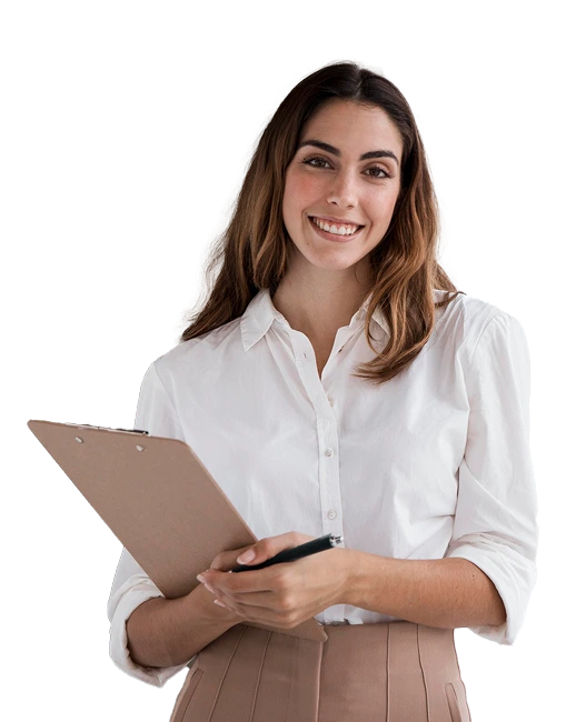 Femme de face avec un carnet pour prendre des notes