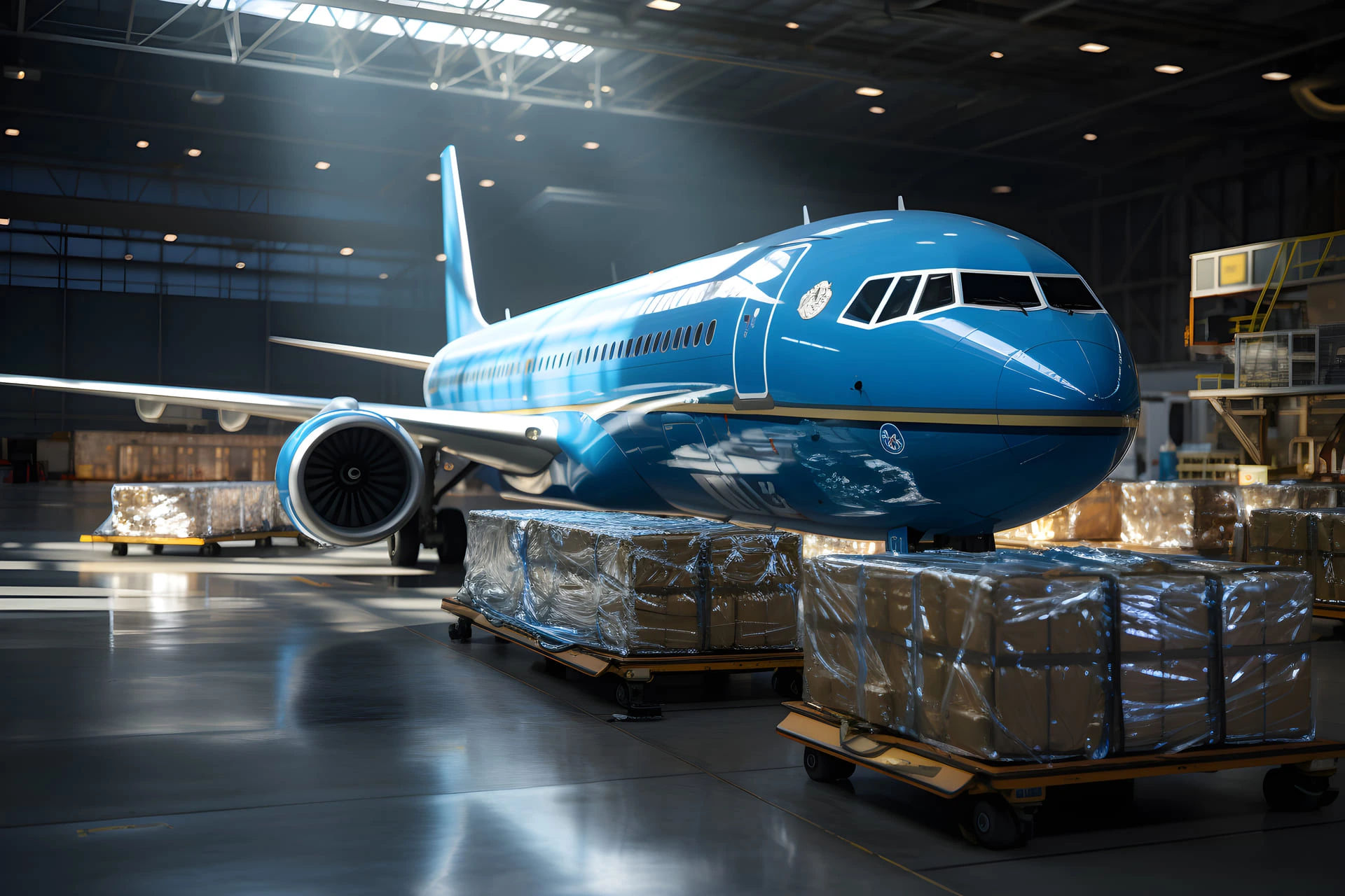 Avion bleu dans un hangar avec des marchandises autour