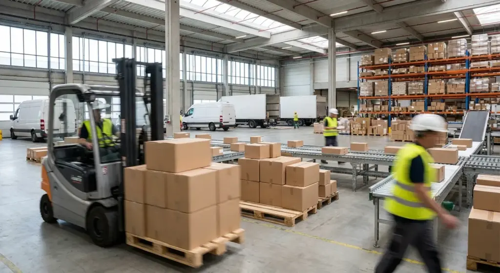 Quel transporteur choisir pour mon site e commerce : Entrepôt logistique avec préparation de commandes et manutention de palettes par chariot élévateur pour transport de marchandises.